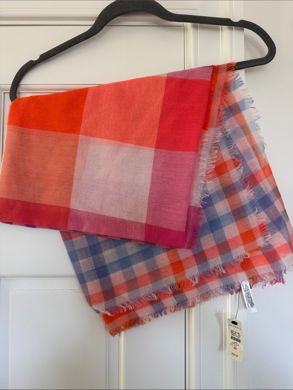 Talbots Lightweight Plaid Fringe Throw Scarf - Coral, Pink & Blue